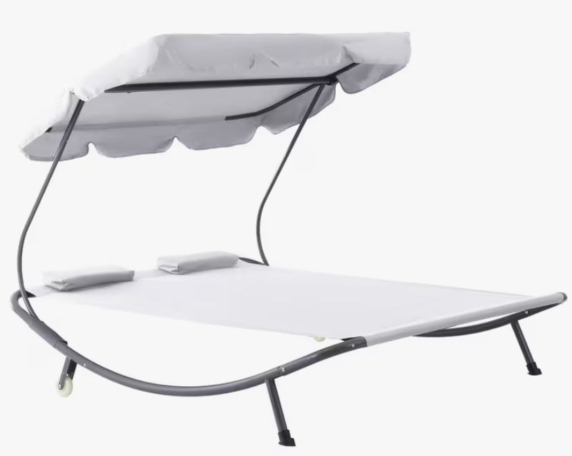 Patio Double Hammock Sun Lounger Bed w/ Canopy Shelter, Wheels & 2 Pillows