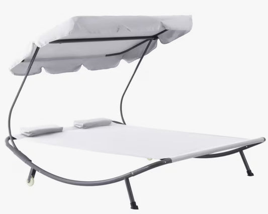 Patio Double Hammock Sun Lounger Bed w/ Canopy Shelter, Wheels & 2 Pillows