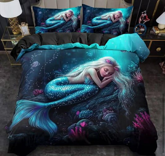 Fantasy Mermaid Print Duvet Cover Set, King Queen Style bedding, Machine Washable