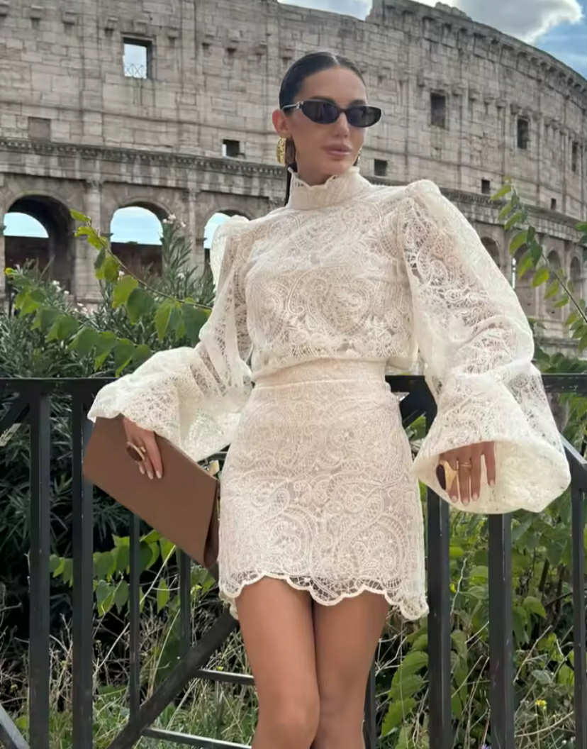 Solid Lace Hollow Out Mini Skirt Set Women