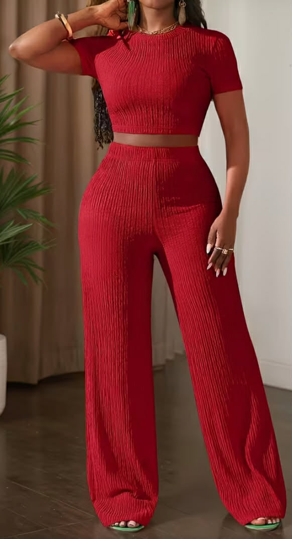 New Solid Color Short-Sleeve Top And Wide-Leg Pants Casual Outfi