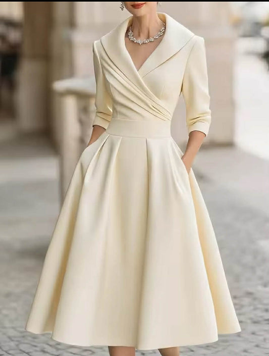 Fashionable commuting lapel cross pleated waist A-shaped dress for women