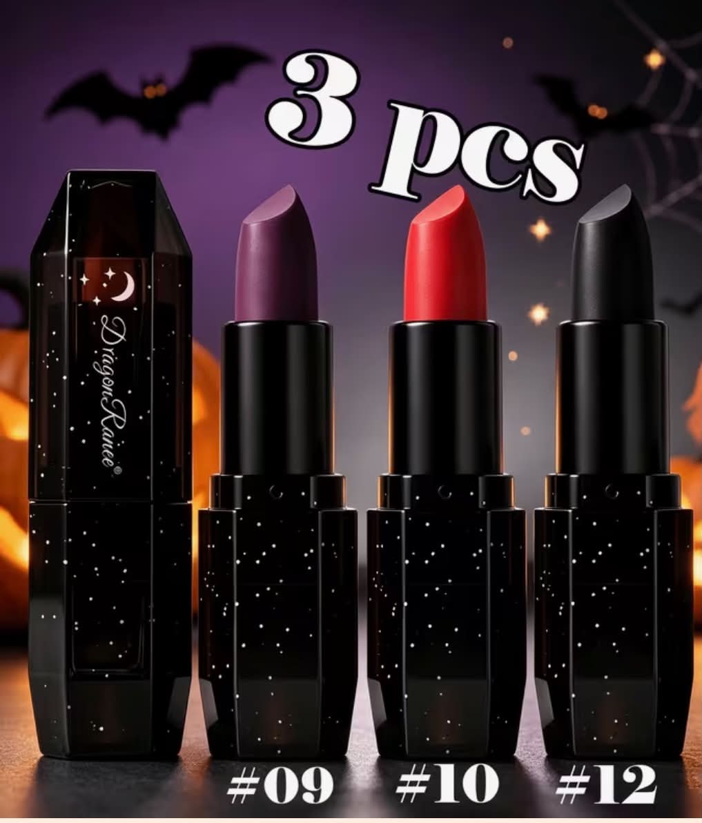Velvet Matte Lipstick Set, 3pcs High Long-Lasting Lipsticks (Deep Purple/Classic Red/Black), Smooth Non-Drying Starry Black Tube Lip Makeup