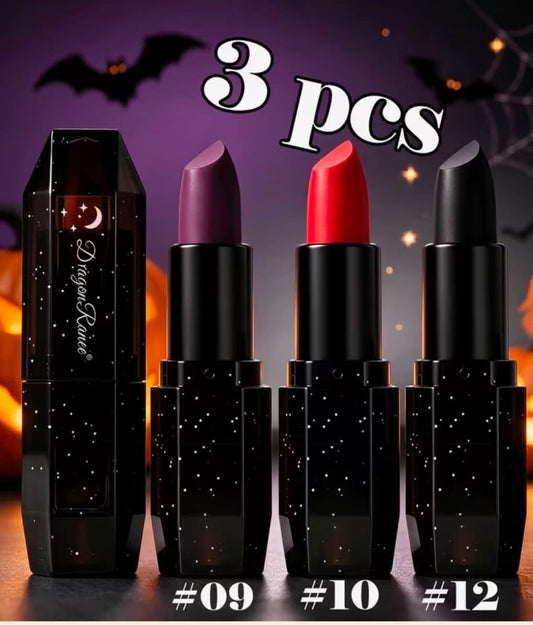 Velvet Matte Lipstick Set, 3pcs High Long-Lasting Lipsticks (Deep Purple/Classic Red/Black), Smooth Non-Drying Starry Black Tube Lip Makeup