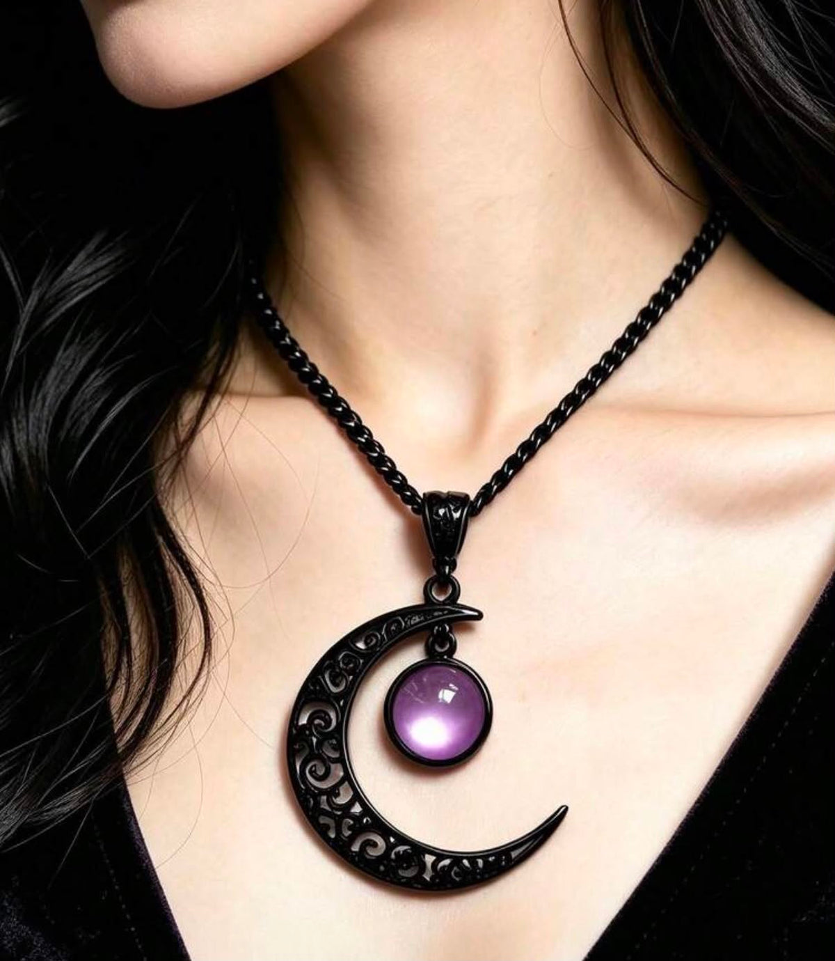 QTHOPE Gothic Punk Style Black Lace Purple Crescent Moon Necklace
