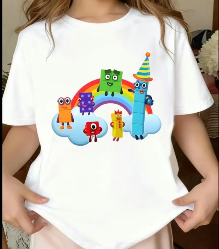 Numberblos Cartoon Character Birthday Party Themed Print Tee with Rainbow Cloud Background, Cute Block-Shaped