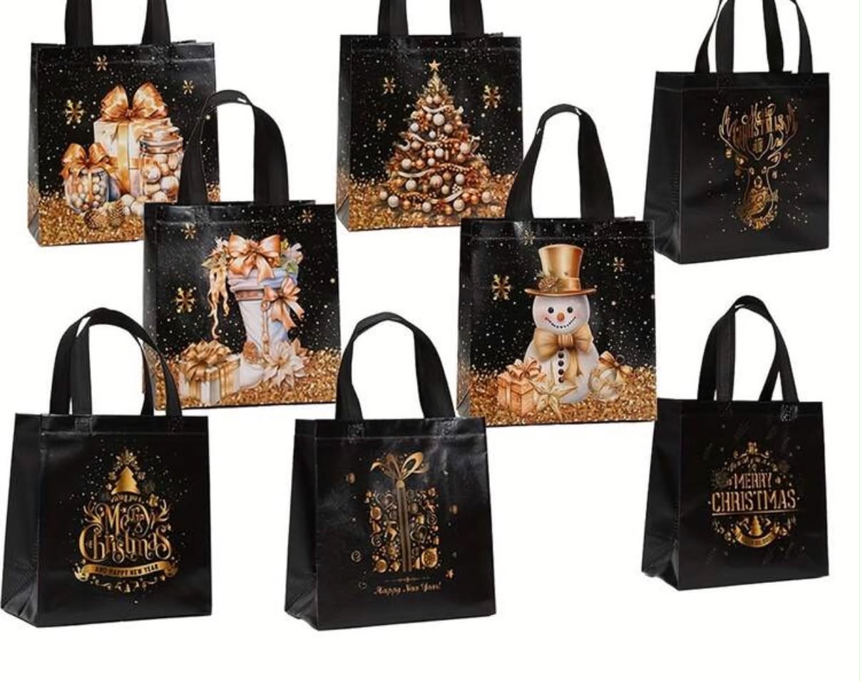 8 x Elegant Black Christmas Gift Bags With Sturdy Handles - Luxury Gold Foil Holiday Design (Christmas Tree, Gift, Snowflake)