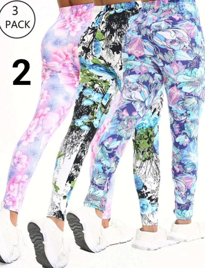 3 Pack Women's Yoga Sports Leggings Four-way Stretch Breathable Beautiful Leaf Floral Print Comfortable High Elastic Fabric Nine Points Pants Fitness Training Trousers