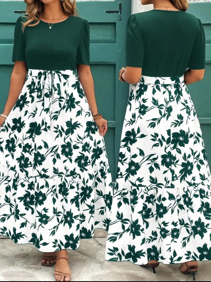 Plus Size Floral Print Ruffle Hem Short Sleeve Round Neck Dress,