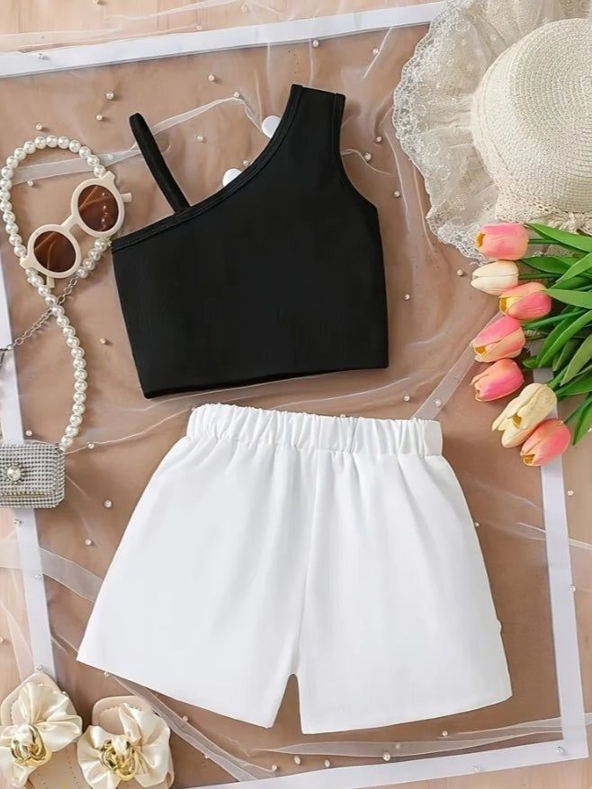 White Flower Embellished Cross-Back Top + 3D Flower Embellished Shorts 2 pcs Set, Perfect for Outdoor