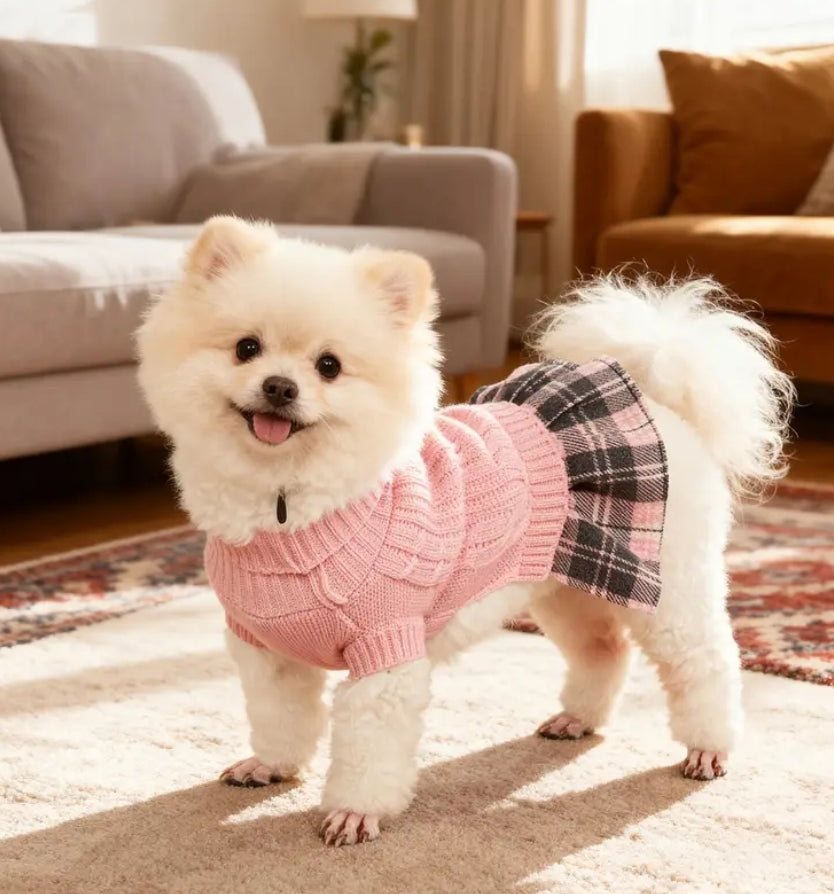 Pink Knitted Sweater Dress for Small Dogs Featuring a Bowtie Turtleneck