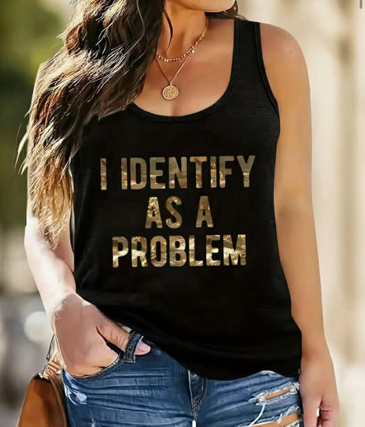 Plus Size Oversized Sleeveless Vest - "I Identify as a Problem" Slogan Print (Black) - 95% /5% Elastane Slim-Fit Top - Casual Summer Layering Piece for Large Size Clothing - Funny Statement Gift Idea