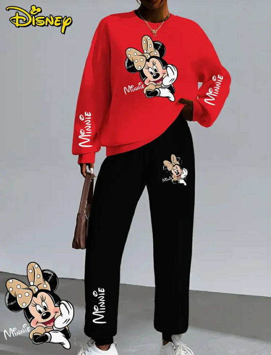 Disney Officially Licensed Minnie Polka Dot Bow Print | Women'S Two-Piece Set with Round Neck Hoodie and Black Pants