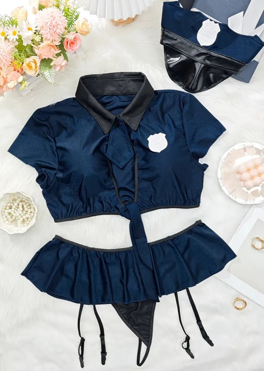 4 pcs Plus Size Women's Sexy Outfits, Uniform Dress-Up Set, Cutout Top with Fake Tie & Skirt & Thong, Open Hat Headpiece, Bold Party Wear,