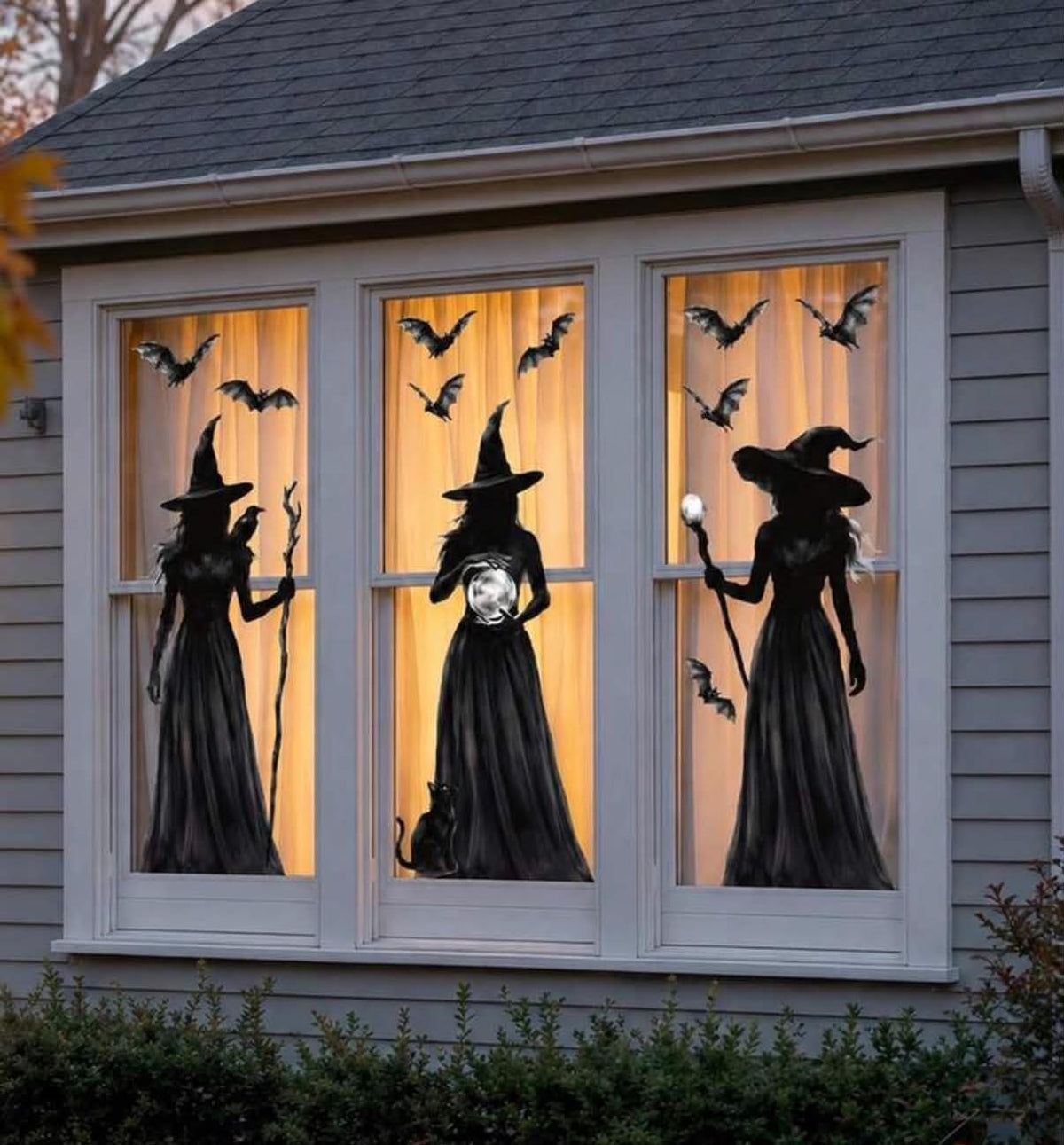 6pcs Halloween Window Decals Set, Large Witch Double-Sided Window Stickers, Scary Witch Black Cat Bat Gothic Style Glass Window Decals,