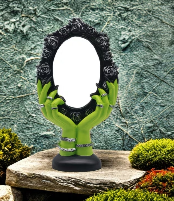 Spooky Gothic Vampire Hand Mirror Statue - Resin/Glass, Modern Decorative Vanity