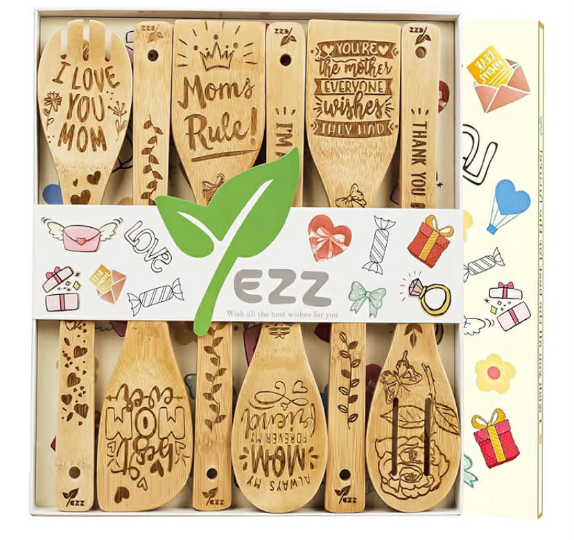 Gifts for Mum, 6 Piece Wooden Spatula Utensils for Cooking, Heat-Resistant, Smooth Teak Utensils with Comfort Grip,Lightweight & Durable, Easy to Clean, Perfect for Non-Stick Cookware