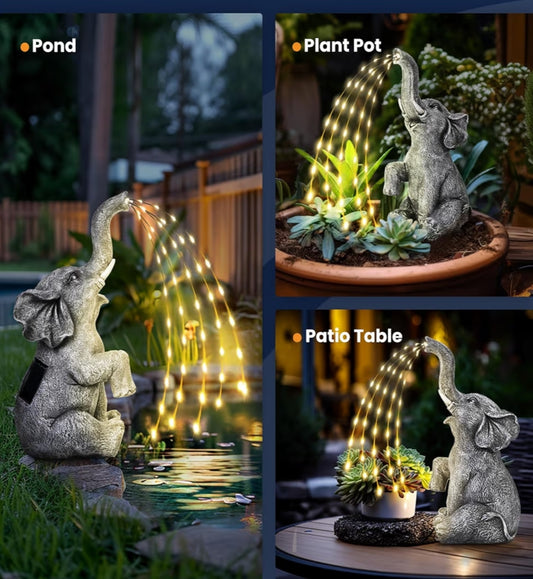 Elephant Statue Garden Decoration True Watering Elephant Figure Solar Powered LED Lights,