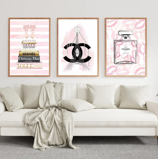 Set of 3 - Mixed Brands No 5 Perfume Prints, Pink Fashion