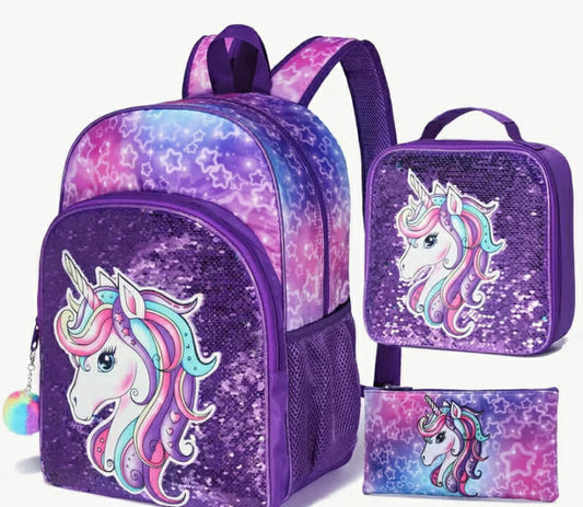 Girl's Mermaid Unicorn Backpack, Elementary School Students' Cartoon Cute Children's Backpack, 3pcs Set Includes Backpack, Lunch Bag, and pencil Case