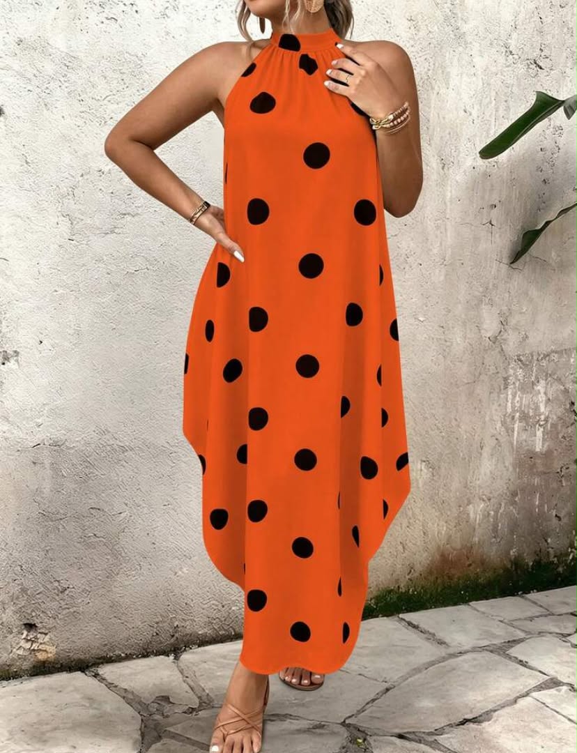 Breezaya Plus Size Women's Summer Polka Dot Casual Elegant Sleeveless Zip Neck Dress