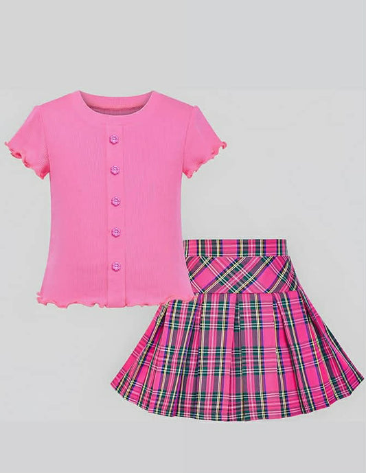 Girls 2 Piece Set Skirt T-Shirt Crop Rib-Knit Plaid Casual School
