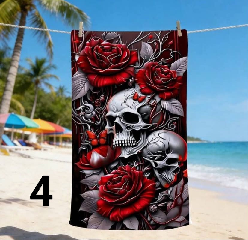 1 pc Vintage Gothic Skull Rose Print Beach Towel, Quick-Dry & Anti-Sand Lightweight, Machine Washable