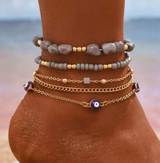 5pcs/Set Fashionable Exaggerated Devil's Eye Anklet Set, Elastic Beaded Anklet, Jewelry For Women, Suitable For Daily Outing, Beach Resort, Beach Party