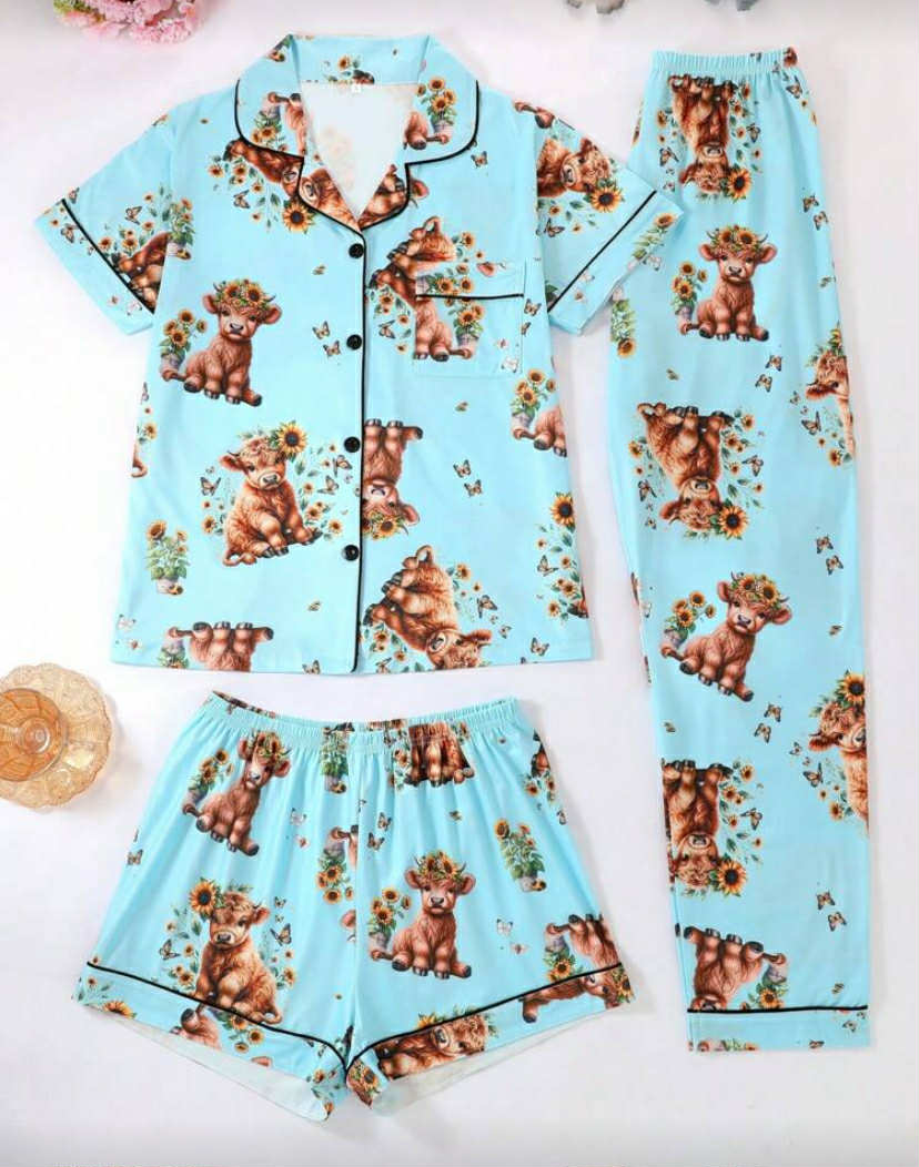 3pcs/Set Women's Cool Short Sleeve Pajamas