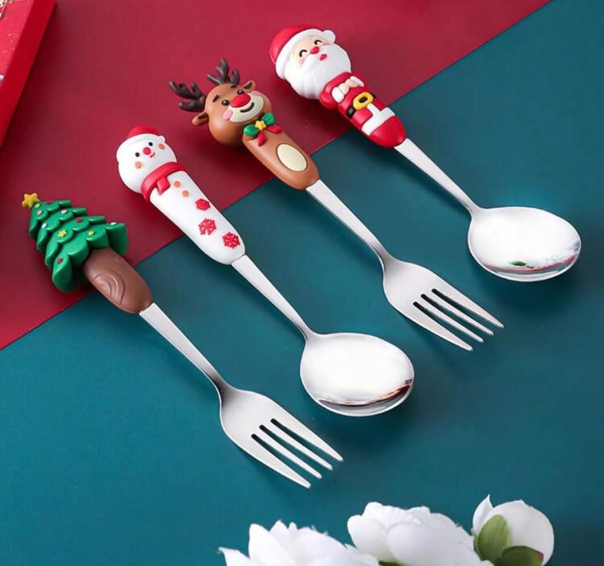 2pcs Creative Cartoon Christmas Stainless Steel Spoon Fork Set, Santa Snowman Reindeer Cutlery Gift Box,