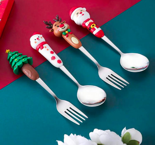 2pcs Creative Cartoon Christmas Stainless Steel Spoon Fork Set, Santa Snowman Reindeer Cutlery Gift Box,