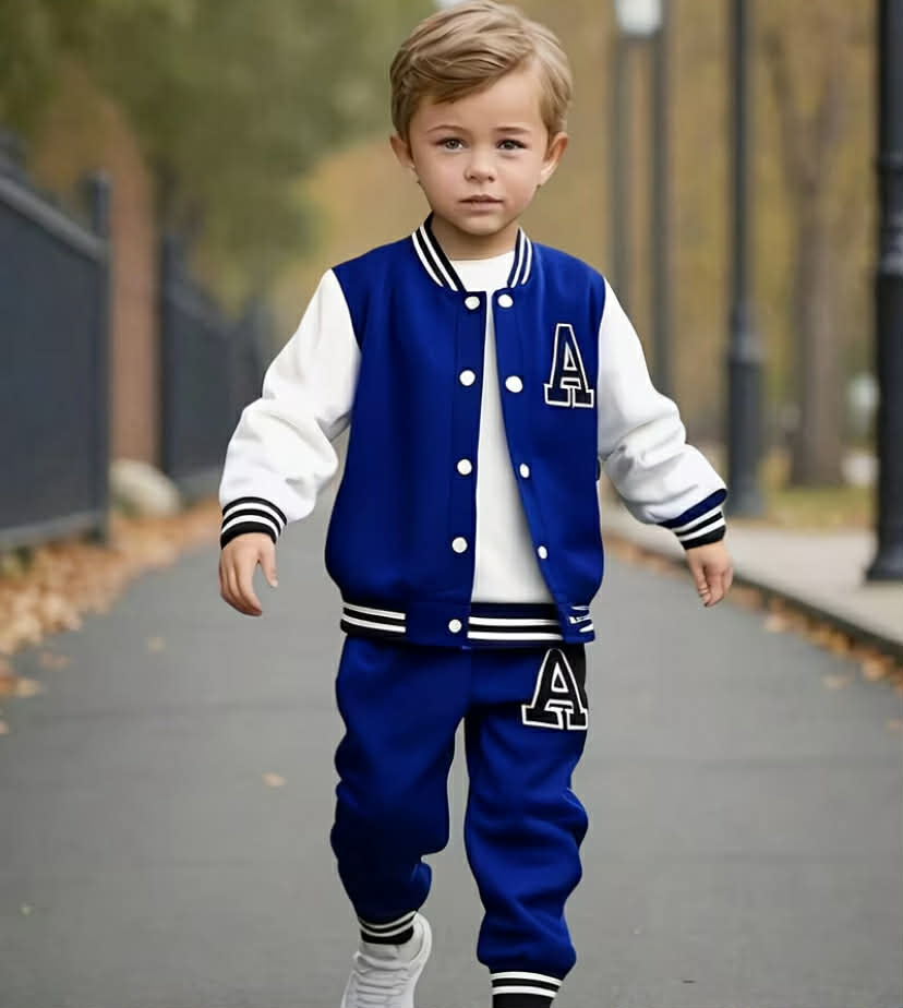 European And American Boys' Autumn And Winter Baseball Jacket with Letter A Print + Letter A Print Long Pants Two-Piece Set, for Outdoor