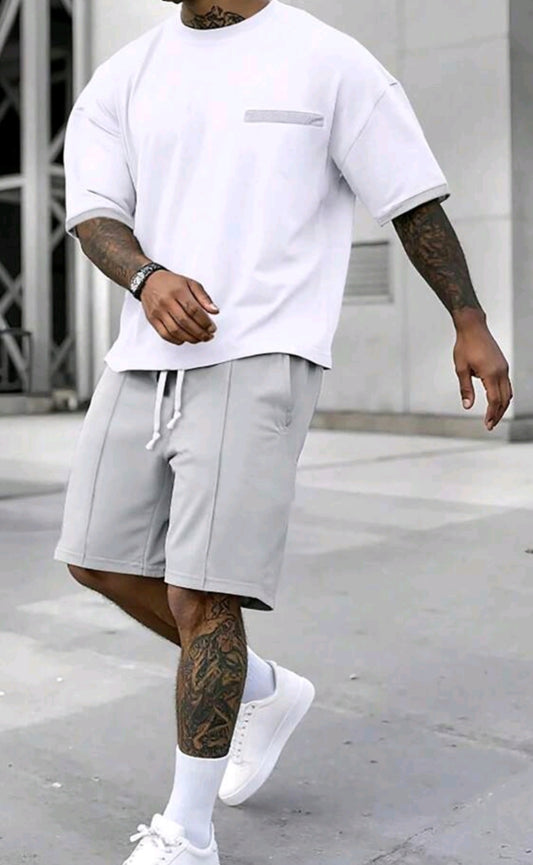 Men's Versatile Contrast Color Round Neck Short Sleeve T-Shirt And Casual Drawstring Waist Pocket Shorts Set
