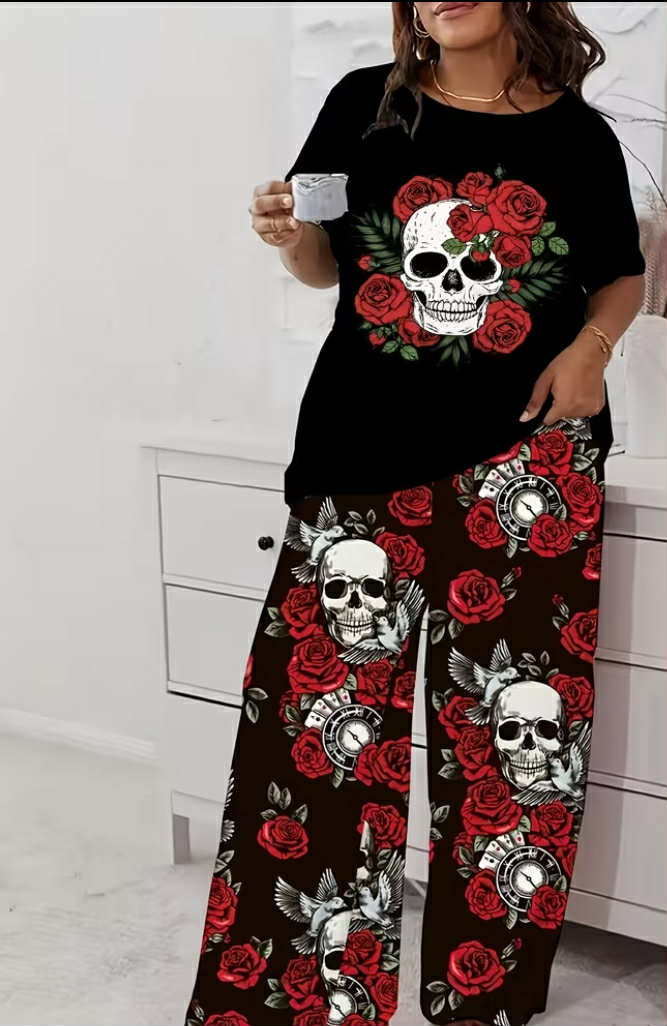 Gothic Floral Pajama] Plus Size, Women'S Gothic Floral & Skull Print Pajama Set