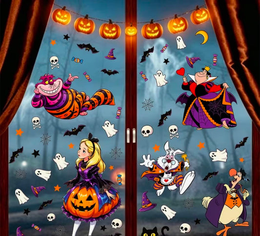 2pcs/set, Disney "Alice in Wonderland" Alice, Cheshire Cat, Queen of Hearts Halloween-themed Window Decals.