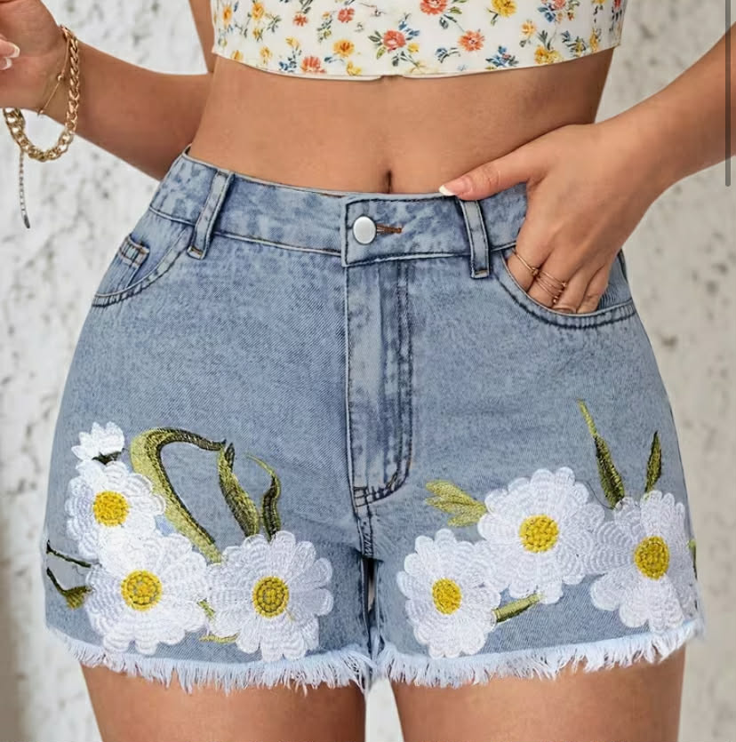 Denim Ladies Shorts  Embroidered Floral Design, Non-Stretch Fabric, Casual Elegant For Spring/Summer