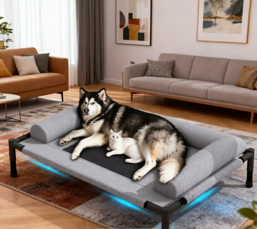 Elevated Pet Bed for Large Dogs  High Elasticity Support Protects Spine, 3D Ventilation Mesh Rapid Heat Dissipation, Anti-Bite Anti-Scratch, Durable Polyester, Odor Control, Plaid Pattern, Rectangular Design, Easy Assembly, Grey