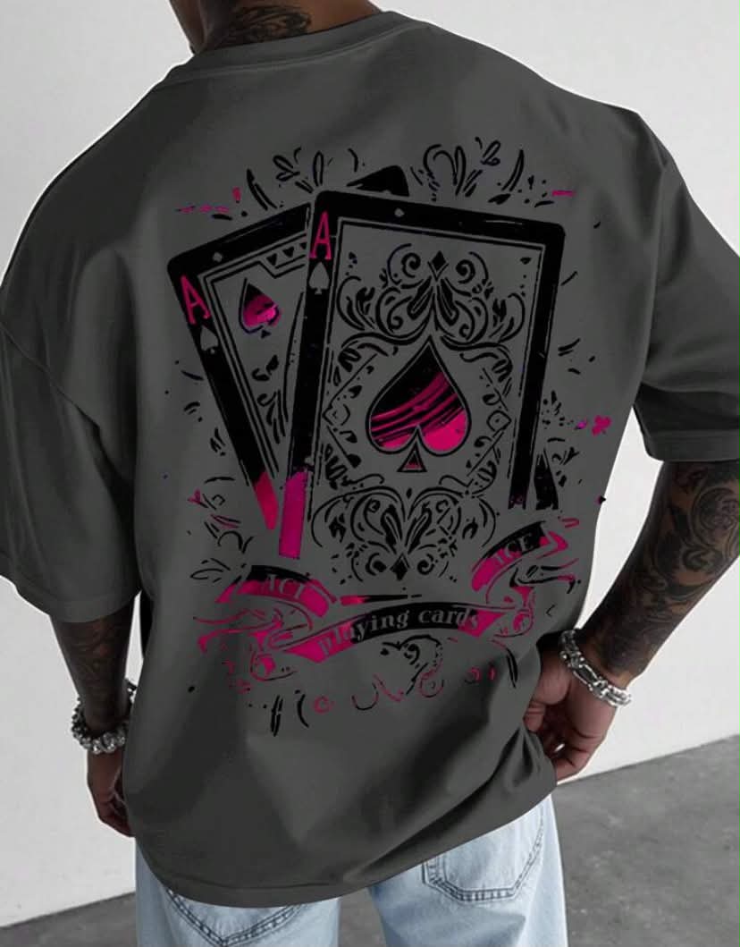 Men's Poker Print Round Neck Loose Casual Short Sleeve T-Shirt