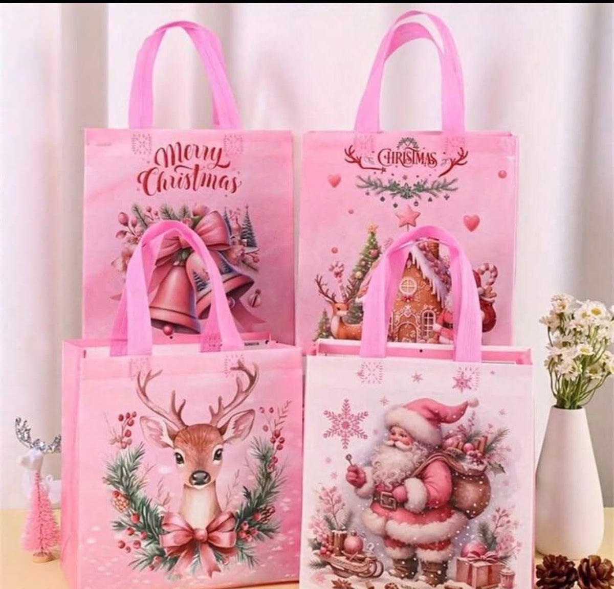 8pc Pink Christmas Tote Bags With Handles, Santa Claus & Reindeer Bell Pattern,