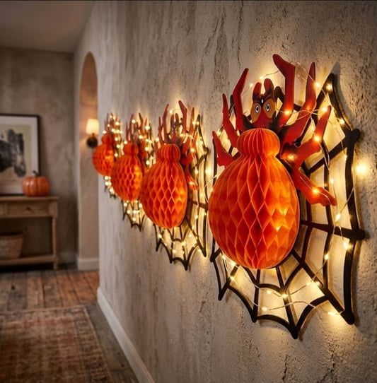 2 pcs LED String Lights Halloween Hanging Spider Decor, Three-Dimensional Spider Web Spider Honeycomb Hanging Ornament + LED String Lights, Orange Honeycomb Spider on Black Spider Web Decoration, Battery-Powered LED