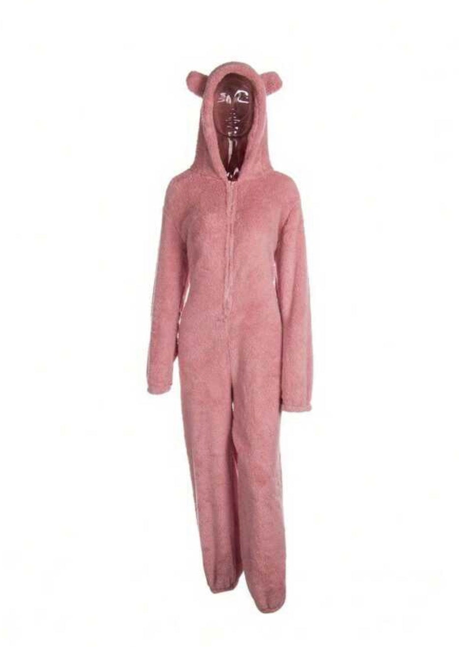 Women Thick Plush Sleeping Romper With Bear Ear Hat, Long Sleeve Zipper Hooded Jumpsuit