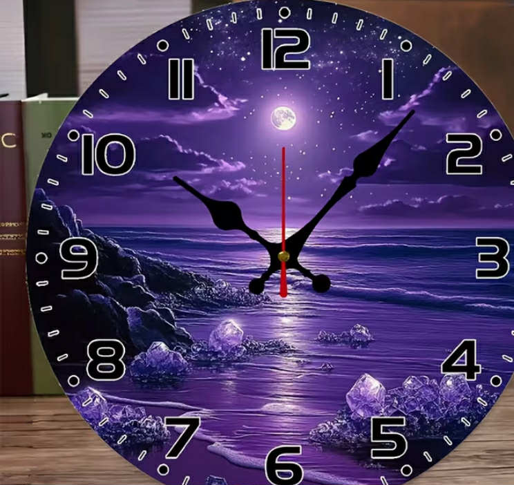 Full Moon Over Purple Luminous Beach Backdrop Clock - 25.4 cm