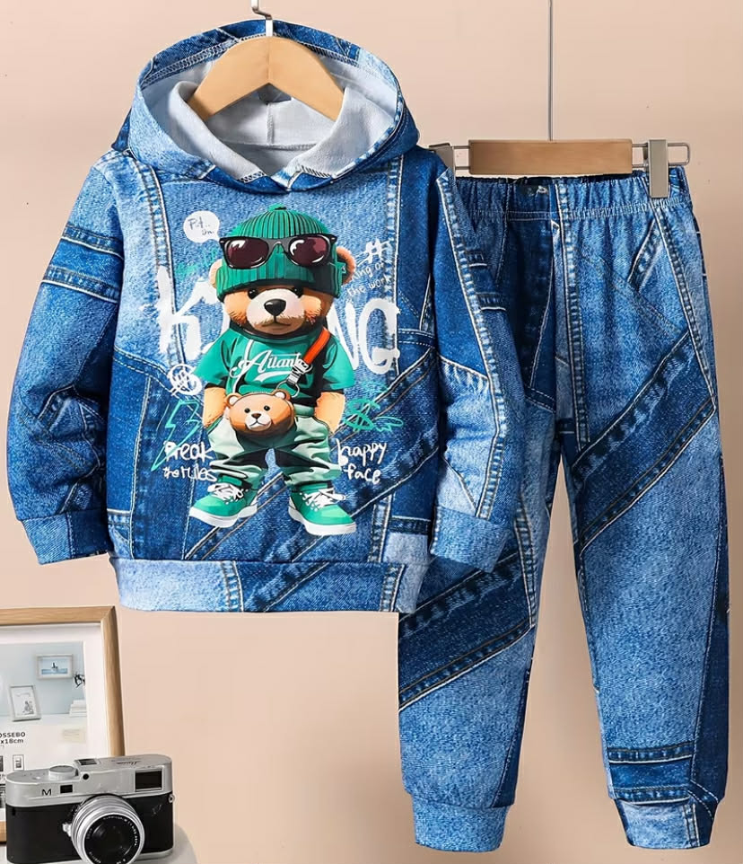 2 pcs Boys' Loose Cartoon Bear Graphic Casual Minimalist Comfort Imitation Denim Long Sleeve Hoodie and Sweatpants Set