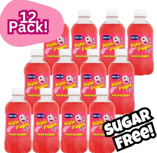 12 Pack Retro Classic Zodiac Mini Pops Raspberry Sugar Free 330ml Each – Low Calorie Fizzy Soft Drinks Multipack