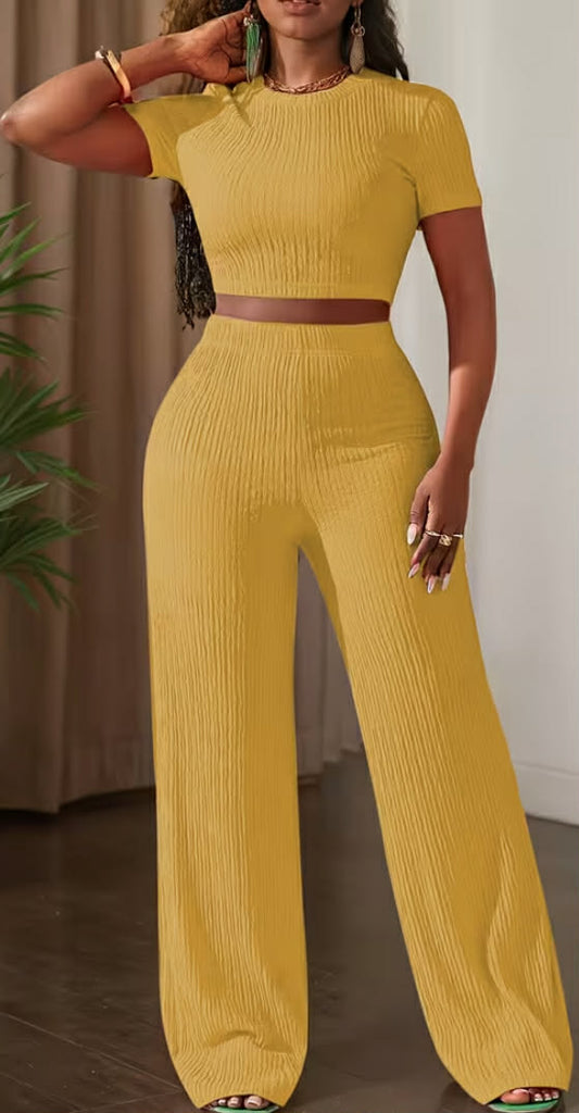 New Solid Color Short-Sleeve Top And Wide-Leg Pants Casual Outfi