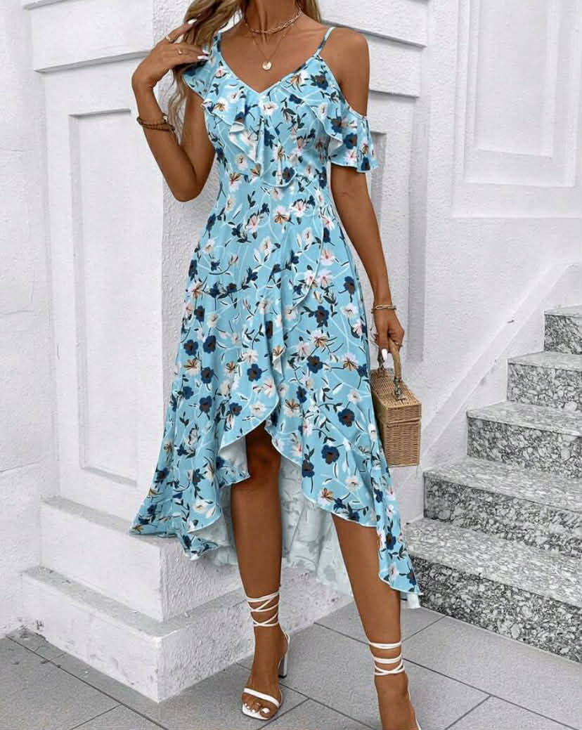 Women's Ruffle Floral Printed Ruffle Hem Vacation Dress
