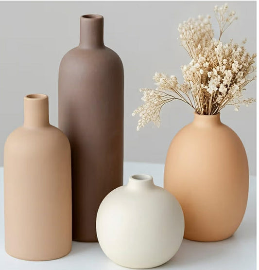 Decorative Ceramic Vase Set, 4-Piece Neutral Tones, Modern Boho Design for Living Room, Entryway, Mantel (Neutral Earth Tone set 4)