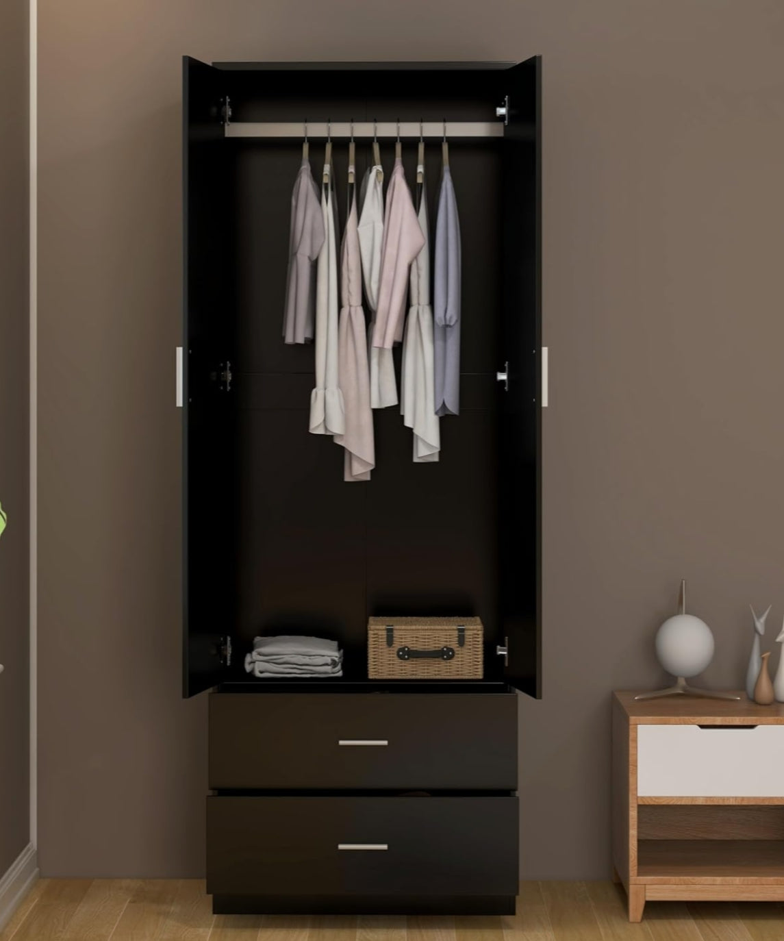 2 Door 2 Drawers Mirrored Wardrobe with Hanging Rail Wooden Clothes Storage Cupboards Unit for Bedroom Furniture 77 x 50 x 180 cm (Black)