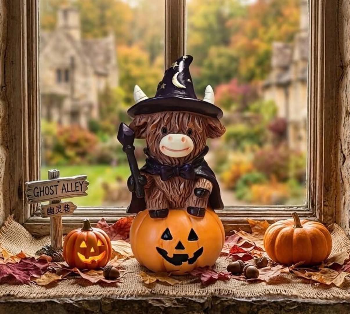 Halloween Highland Cow Statue - Mini Resin Witch And Wizard Cow Figurine, Suitable For Spooky Autumn Home Decor, 4.1 Inch Collectible Ornament