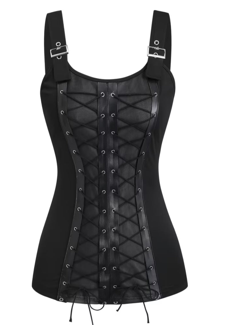 Women'S Gothic Vintage Style Retro Lace-Up Patchwork Strappy Party Top Vest